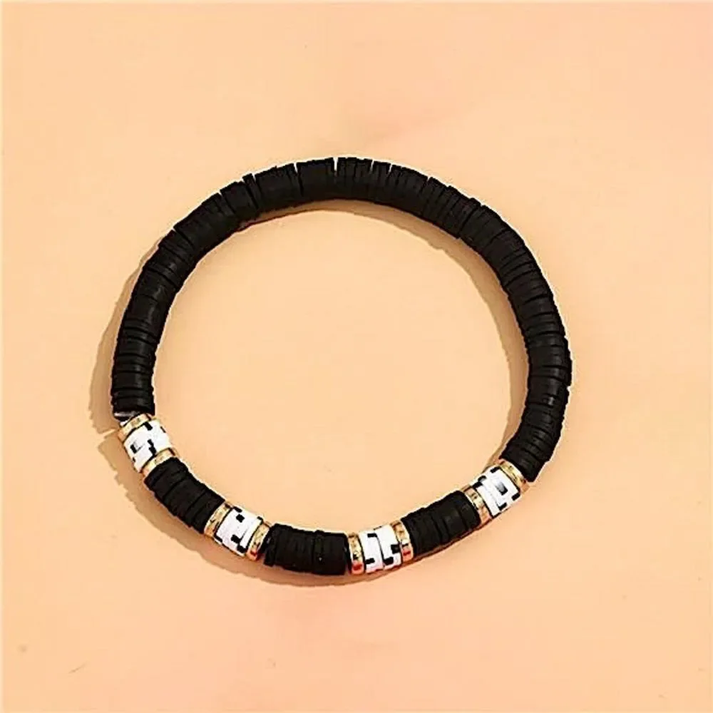 Boho Yin Yang Heishi Bead Bracelet Stack Pink Black White Gold Clay Disk Jewelry